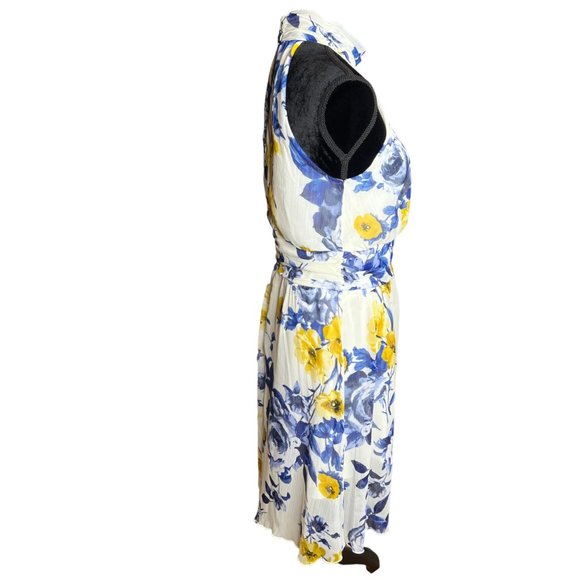 Enfocus Studio Dress Womens 10 Blue Yellow Sleeveless High Neck Floral Fit Flare - Picture 7 of 16